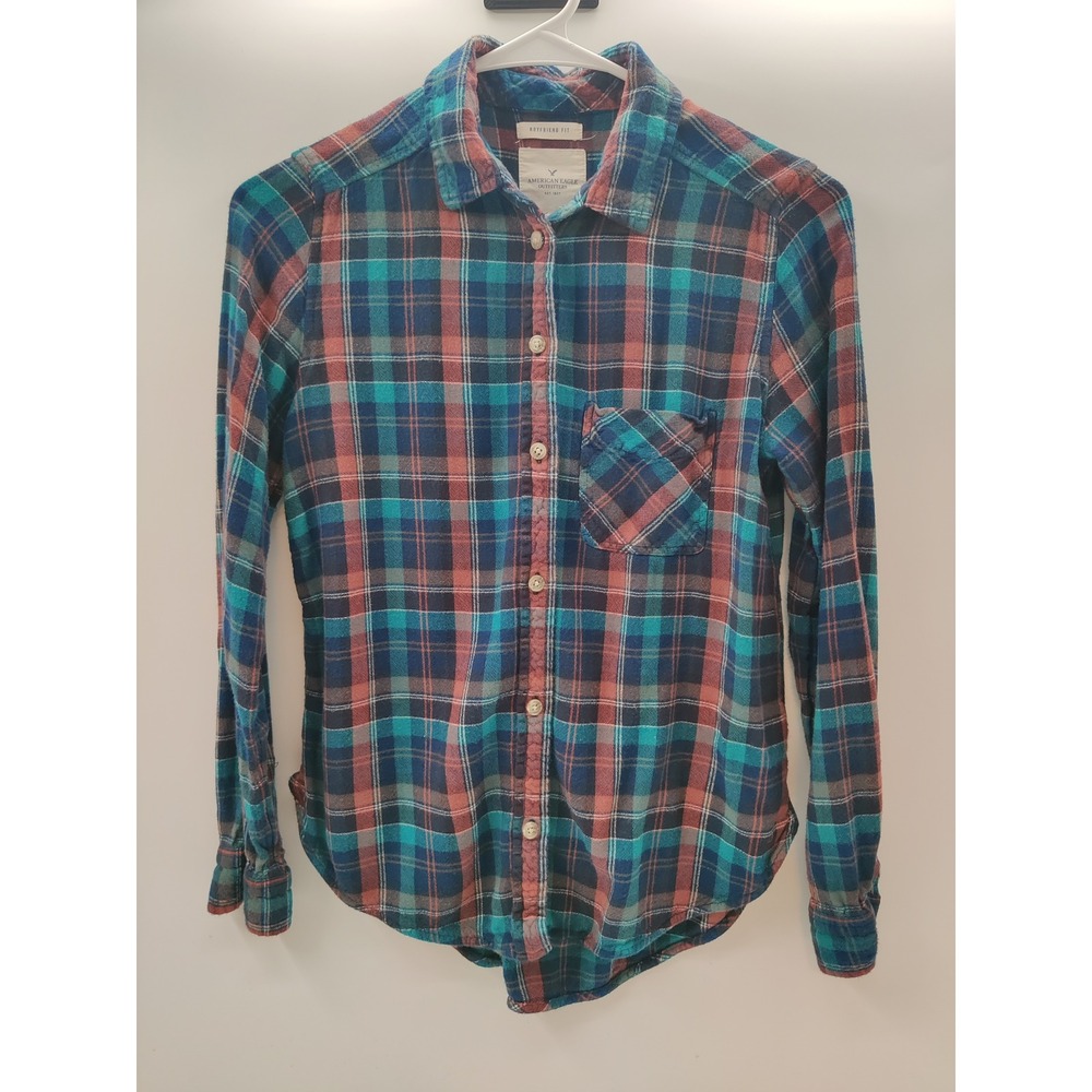 American Eagle Boyfriend Fit Flannel Shirt Teal Coral Plaid Viscose Small